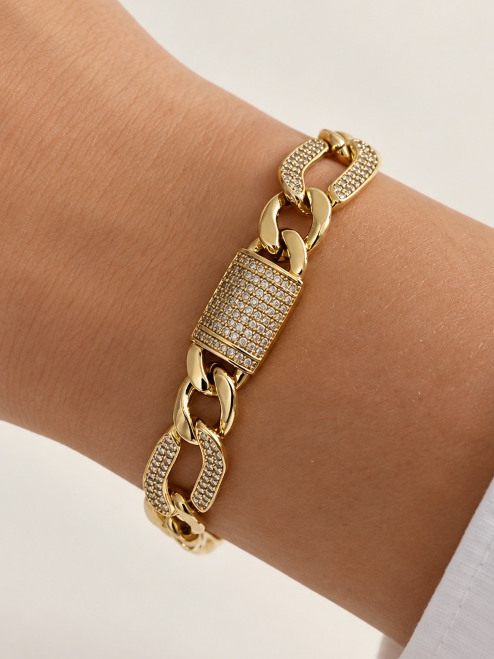 Last 1 🔥Thick Cuban Chain Bracelet 14k Gold Plated Real Zirconia Water Resistant